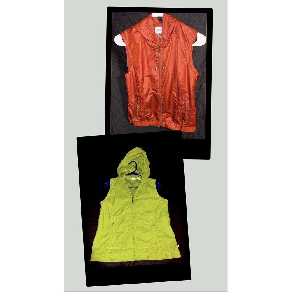 2 Zenergy by Chico's Women's Hooded Zip Front Sleeveless Vest Sz 0 Orange/Green